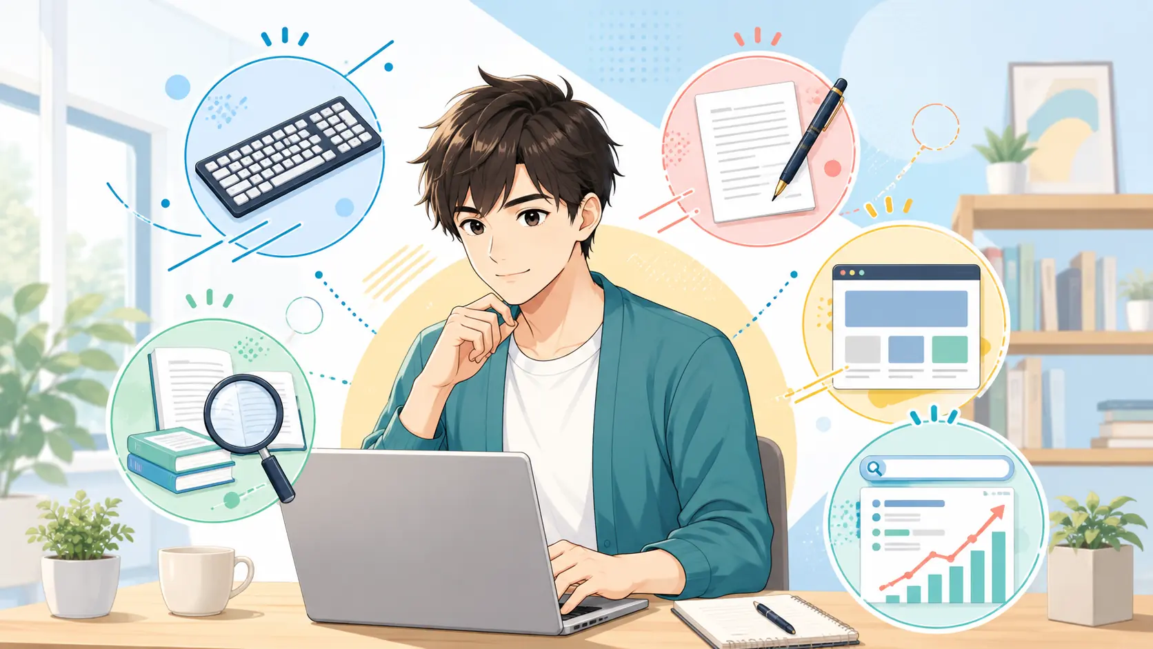 Webライターに必要な5つのスキルを表したアニメイラスト