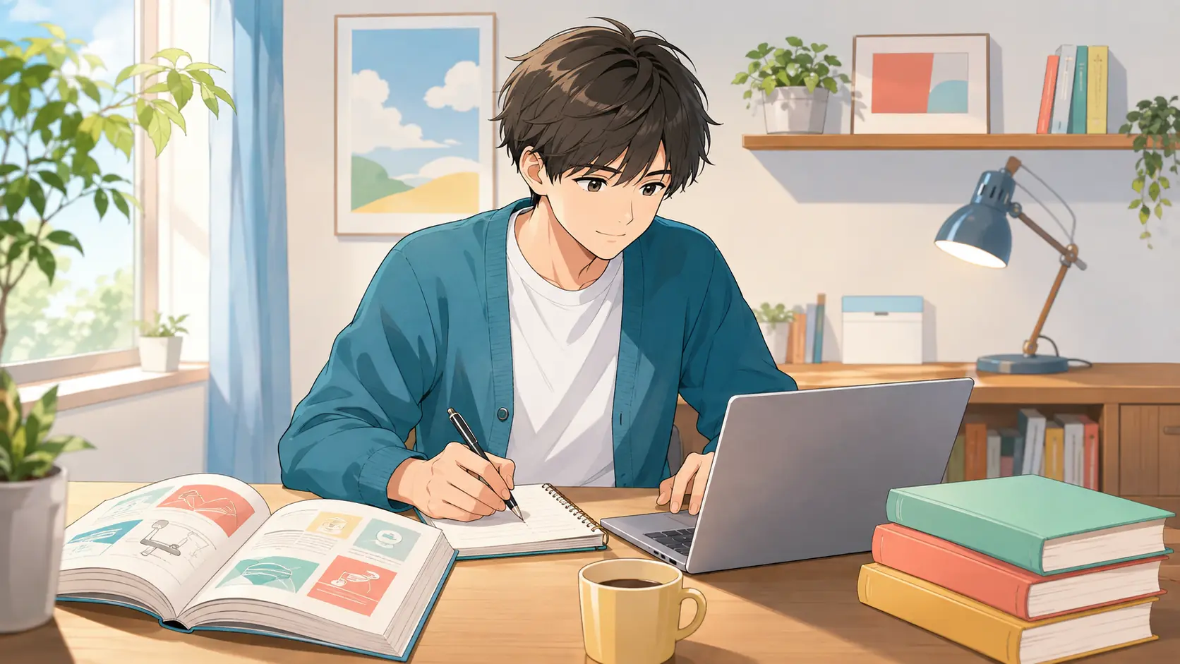 本を使ってWebライティングを学ぶ男性のアニメイラスト