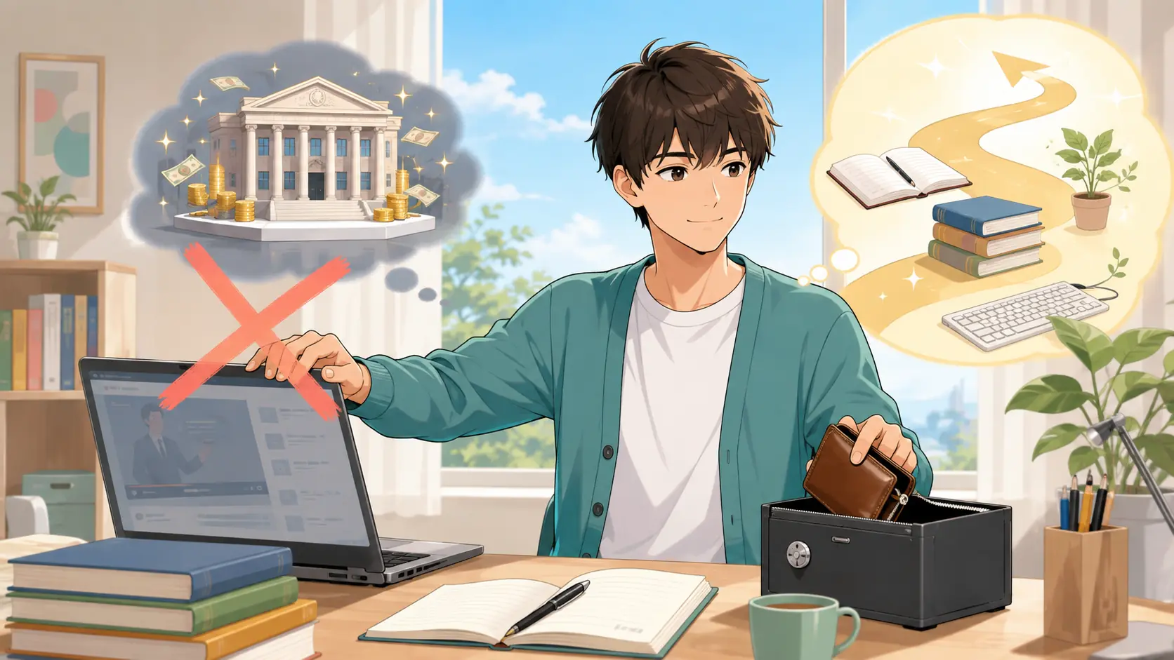 Webライターにスクールが必要か考える男性のアニメイラスト