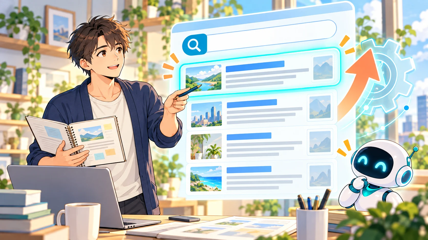 検索結果の上位表示とSEOの仕組みを説明するWebライターのアニメイラスト