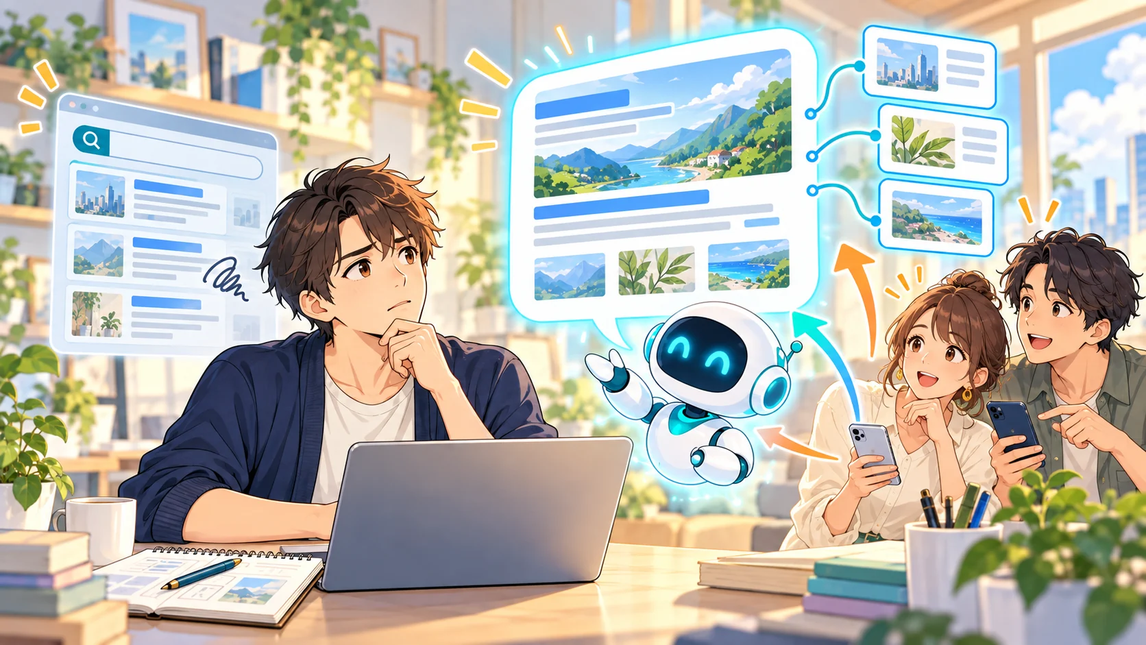 AIで情報を調べる読者を見て考えるWebライターのアニメイラスト