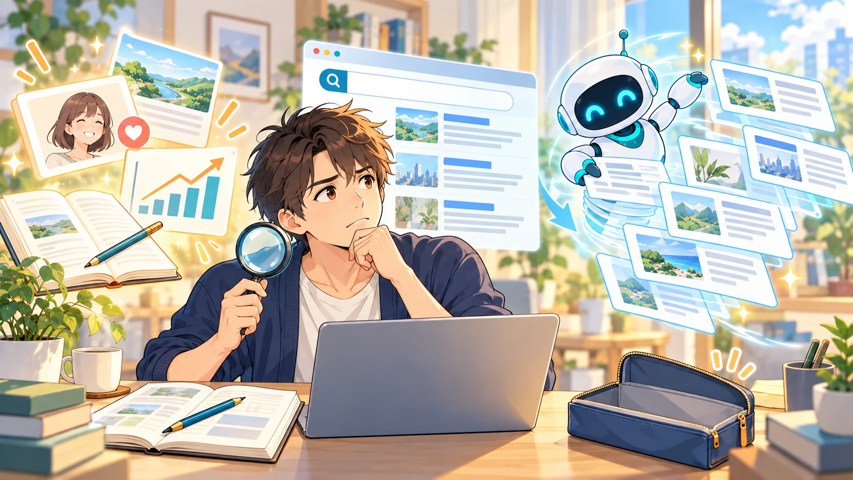 AIが記事を作る横でSEO以外のスキルを考えるWebライターのアニメイラスト