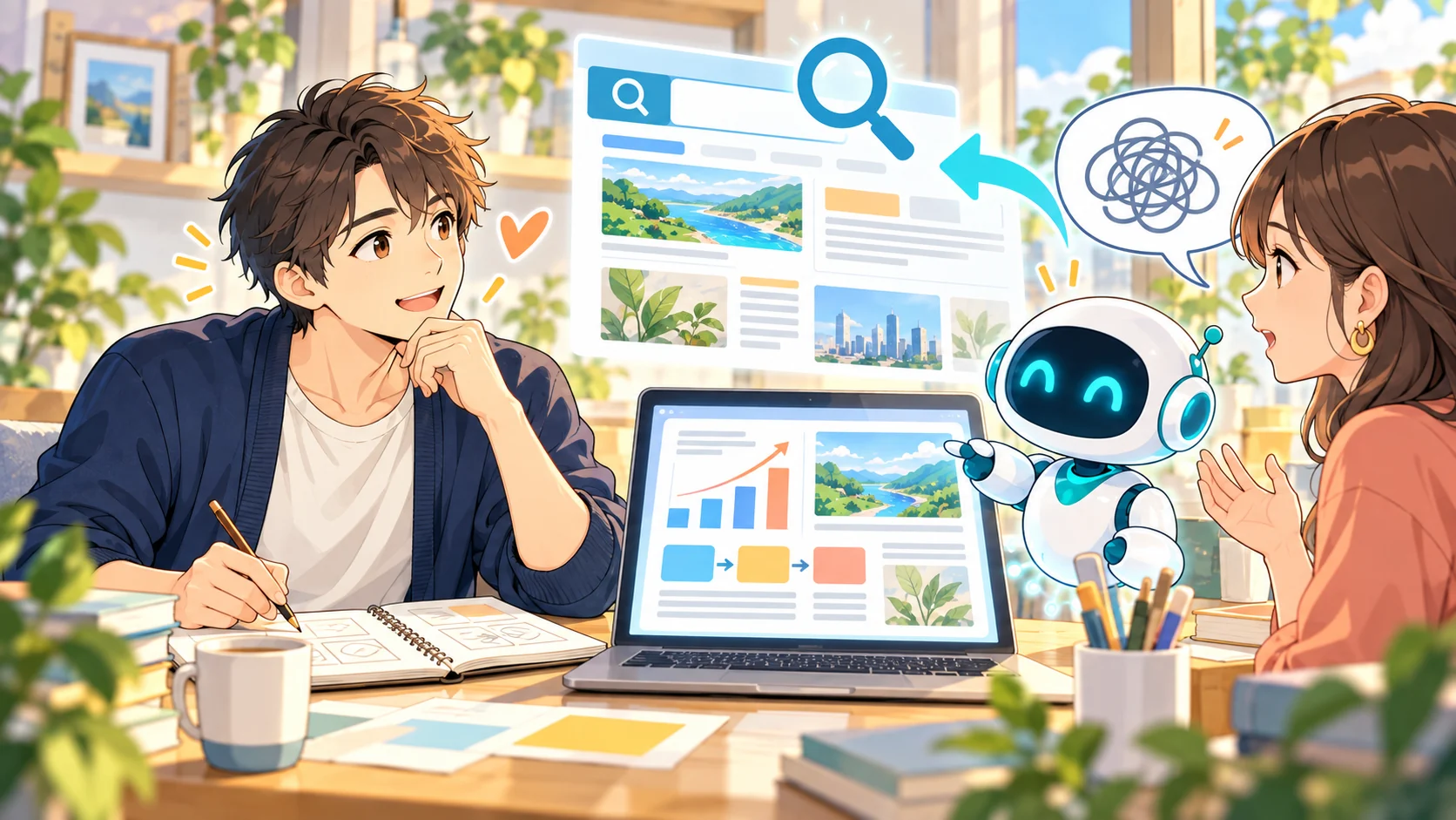 読者の悩みを聞きながら文章と図で説明するWebライターのアニメイラスト