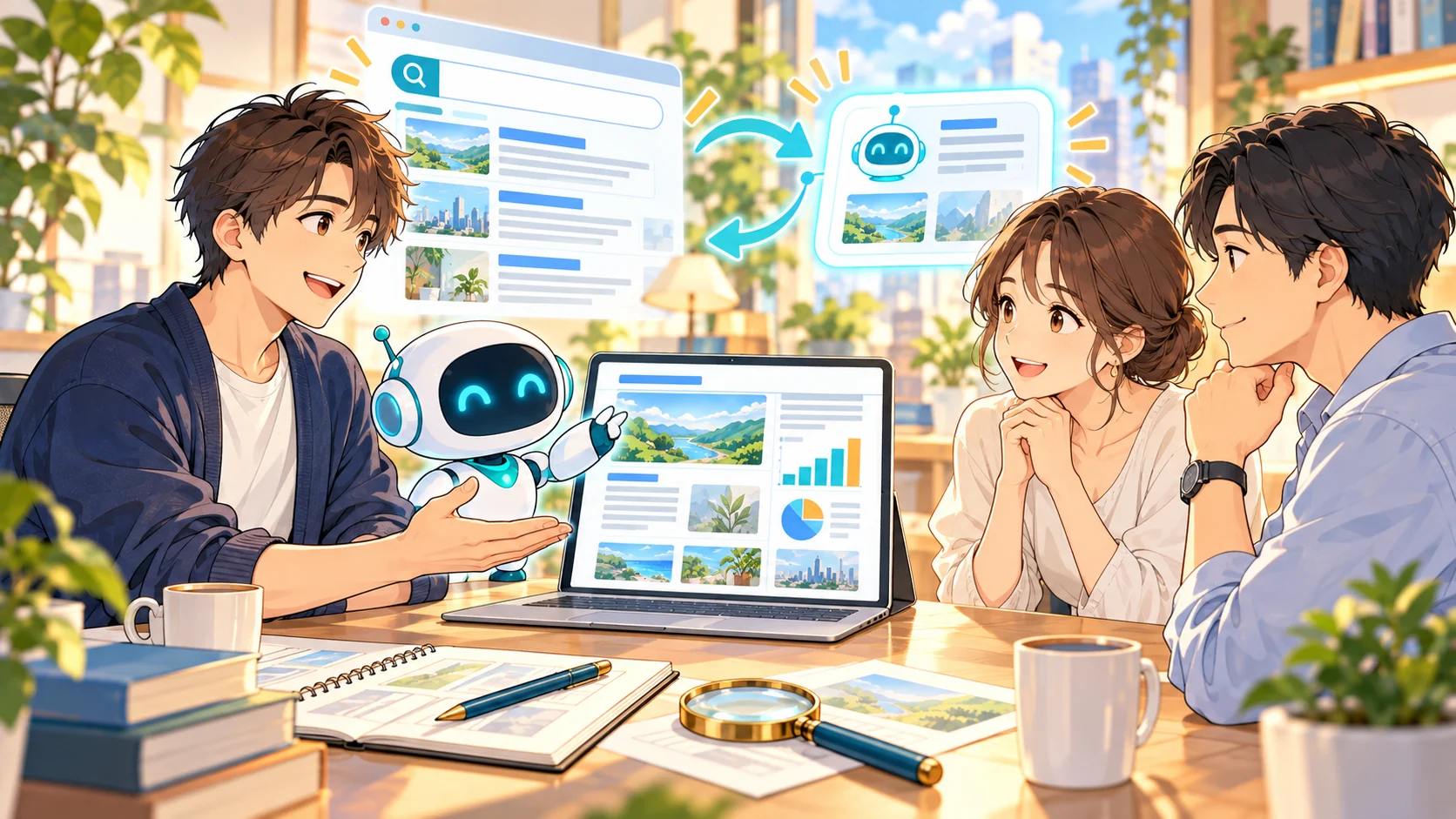 AIと協力して読者に分かりやすい記事を説明するWebライターのアニメイラスト
